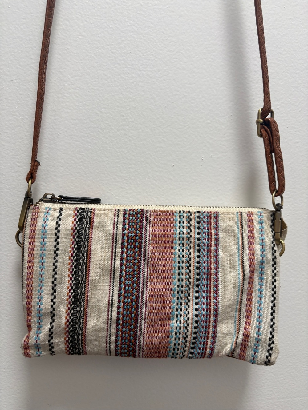 Cream Multicolor Woven Crossbody Bag with Brown Strap Boho western minimalist